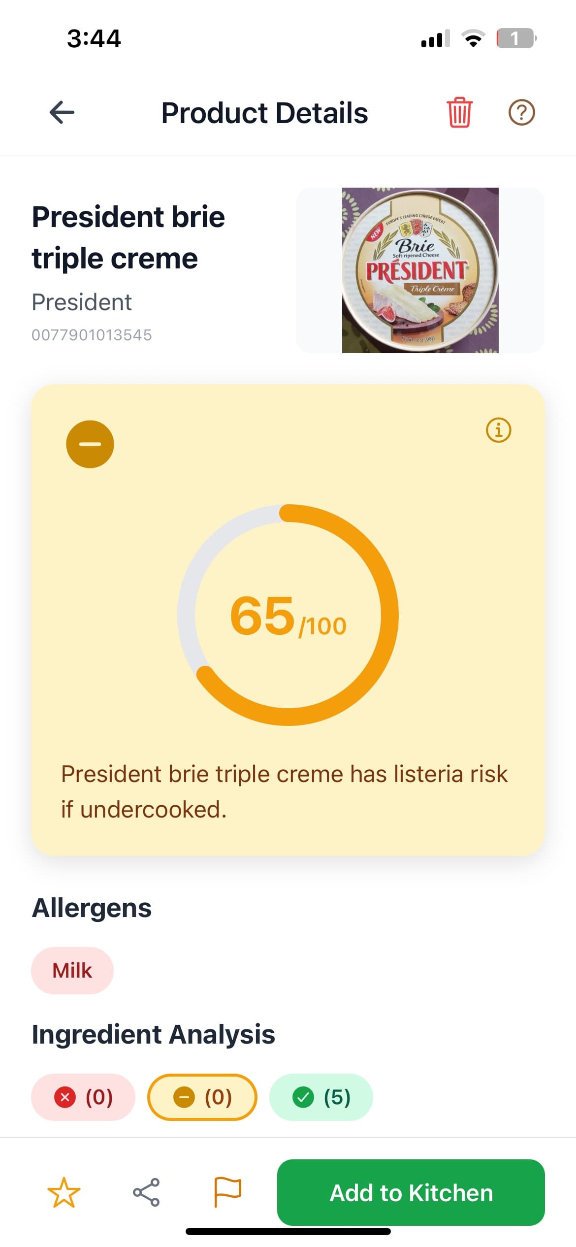 Good Roots product details showing President Brie Triple Creme scored 65 out of 100